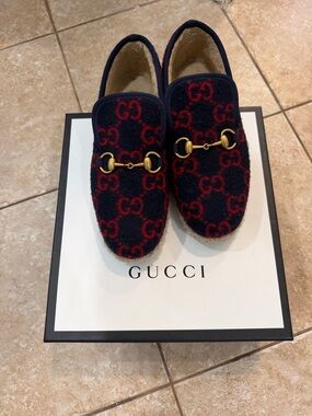 Authentic Gucci Navy & Red GG Wool Horsebit Espadrille Loafers